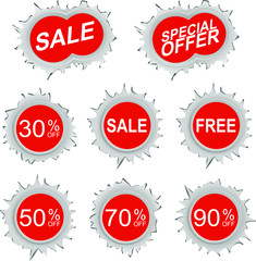 Sale icon bullet hole vector set. red color with white font.