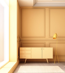 3d rendering illustration of living room with yellow luxury classic wall panel and low cabinet.