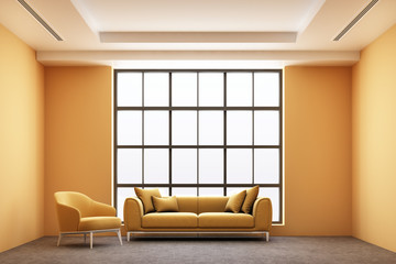 Front view of empty interior space industrial loft style with concrete floor, windows and sunlight. Real estate concept. 3D Rendering -