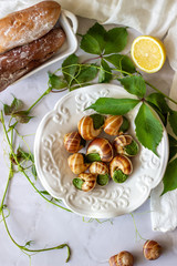 Bourguignonne snail with lemon. Marble background. French cuisine.