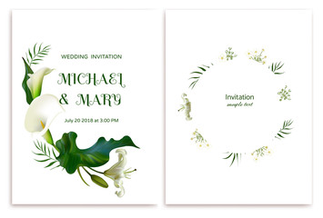 White flowers. Flower background. Calla. Lilies.  Green leaves. Wedding invitation. Green leaves.