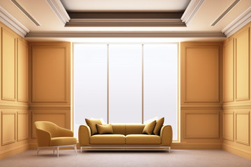 3d rendering illustration of living room with yellow luxury classic wall panel.