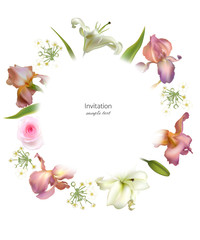 Flowers. Floral background. Irises. Pink.   Leaves. Lilies. Border. White. Green. Pattern. Roses.
