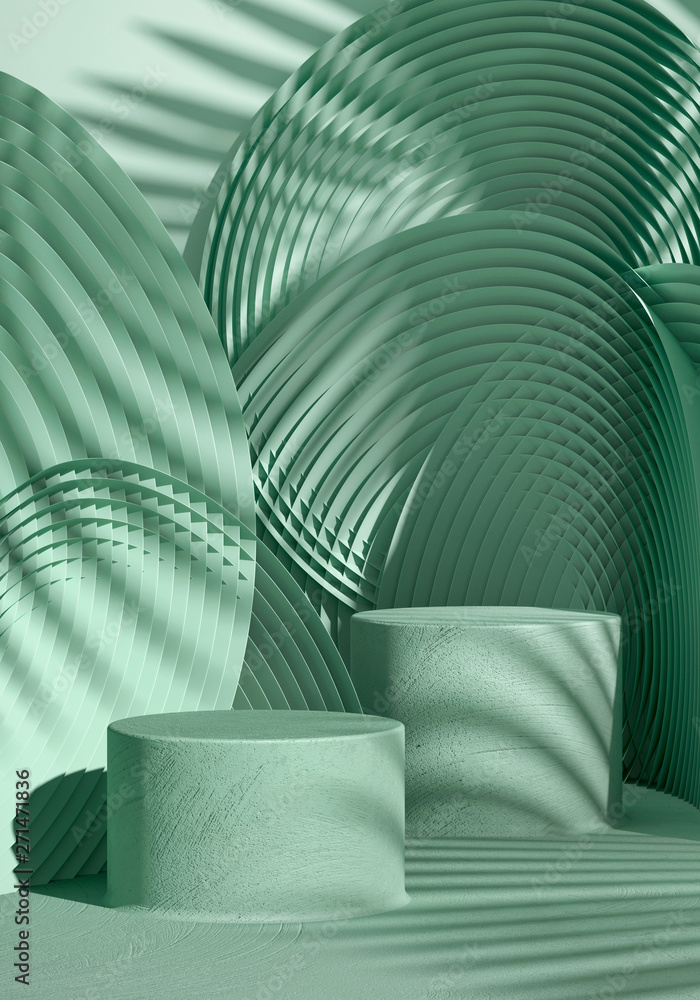 Poster cosmetic background for product presentation. green stucco podium on green circular geometry pattern