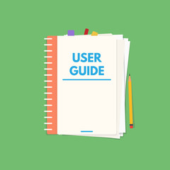User guide book. Handbook with cover and text user guide. Instructions and guidance manual textbook. Tutorial or other education vector flat style banner.
