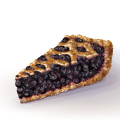 Vector American blueberry pie with crispy crumbly crust and decorative braid on top. Juicy blueberry jam with whole berries. Baking soaked from jam. Drawn by hand in realistic style. Isolated on white