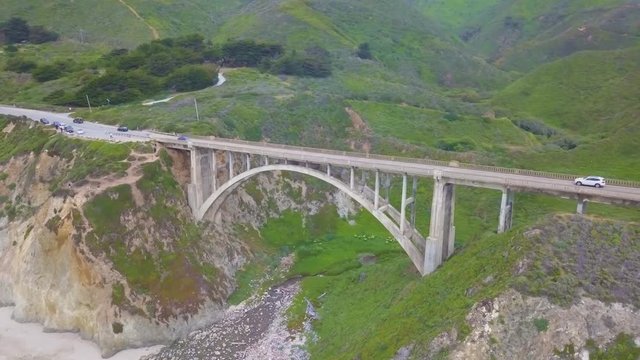 299 Big Sur bridge aerial with cars Rocky creek bixby