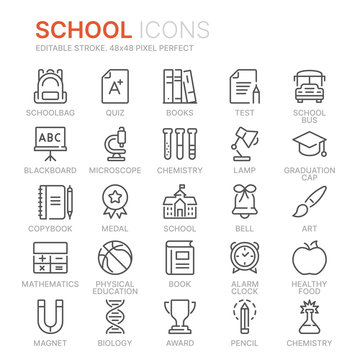 Collection Of School Related Line Icons. 48x48 Pixel Perfect. Editable Stroke