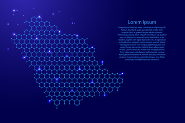 Saudi Arabia map from futuristic hexagonal shapes, lines, points  blue and glowing stars in nodes, form of honeycomb or molecular structure for banner, poster, greeting card. Vector illustration.