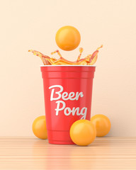 Beer splashing out of a red 16oz 455ml american plastic beer pong party cup on a wooden table surrounded by yellow balls against a cream wall. 3d render. Front view. Conceptual Scenes Series.