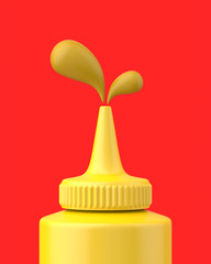 Close-up mustard squeeze bottle squirting on a red background. 3d render. Front view. Conceptual Scenes Series.