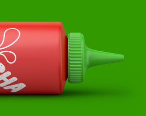 Close-up sriracha squeeze bottle lying on a green background. 3d render. Front view. Conceptual Scenes Series.