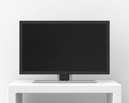 24 inch widescreen television on a white stand against a white wall. 3d render. Front view. Home Interiors Series.