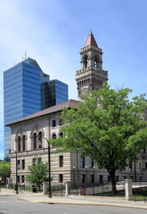 Fototapeta na wymiar View of Worcester City Hall and contemporary office building in downtown Worcester, Massachusetts