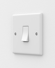 Single light switch on a white wall. 3d render. Angled view. Home Interiors Series.