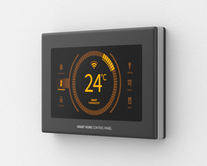 Smart home control panel mounted on a white wall. 3d render. Angled view. Smart Home Series. © Matthew Gilbert