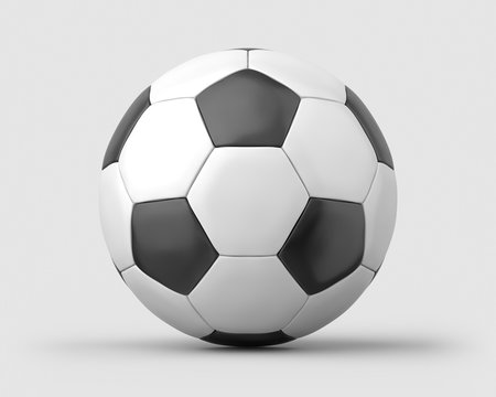 White and black soccer ball on a light grey background. 3d render. Front view. Isolated Objects Series.