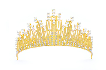 golden tiara with pearls and diamonds isolated on white