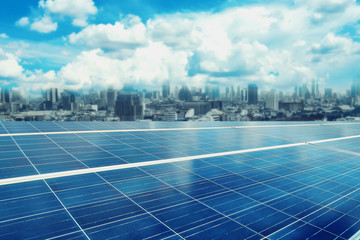Alternative energy for the energy conservation of the world with a city background (Solar panels in...