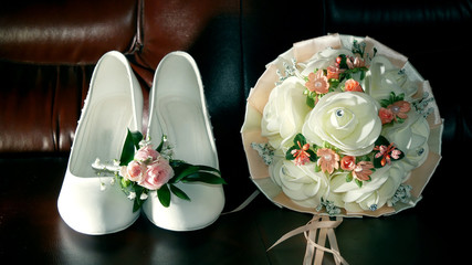 wedding day decoration. Design of shoes and flowers