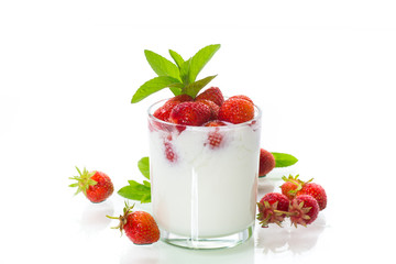 sweet homemade yogurt with fresh ripe strawberries
