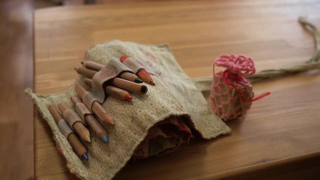 Pencil case Waldorf student is on the table in the open state during the lesson