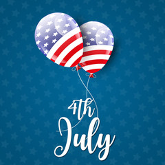 4th of July United States Independence day celebration banner with balloons in American flag style on a blue background with stars. Vector illustration.