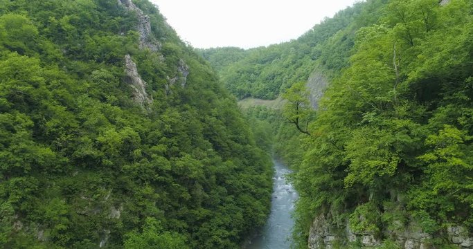 aerial view of Moraca mountain river canyon.