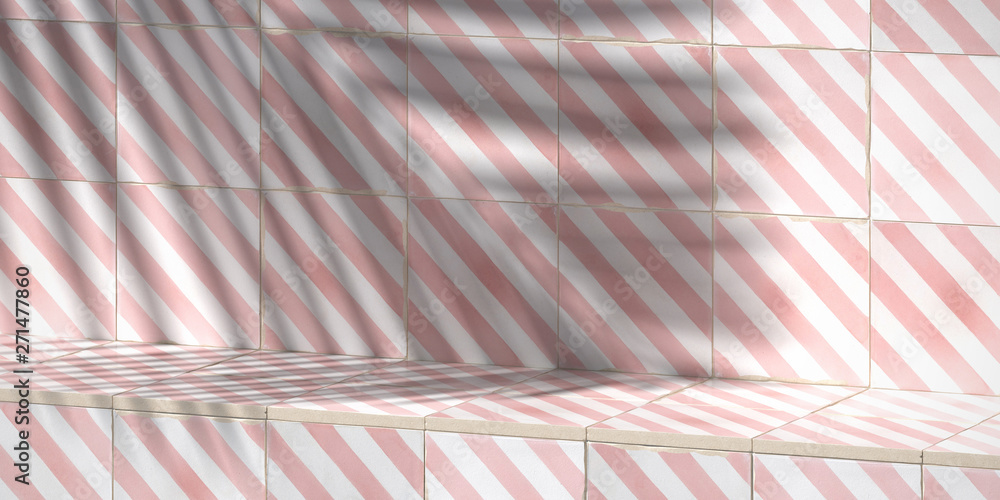 Poster cosmetic background for product presentation.pink pattern rustic moroccan ceramic tile step with sha
