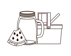 silhouette of picnic basket with refreshing drink for summer