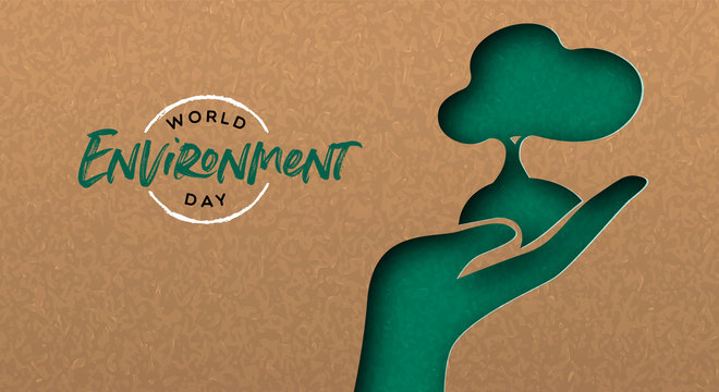 Environment Day banner of cutout hand with tree