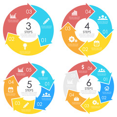 Set template with arrow for circle diagram, options, web design, graph and round infographic. Business concept with 3, 4, 5, 6 elements, step, option. Vector illustration.