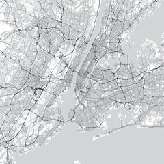 New York City (NYC, NY) map. Light map of New York City (New York, United States). Highly detailed map of The "Big Apple" with water objects, roads, railways, etc.
