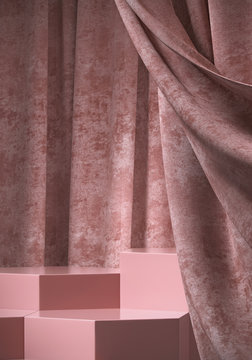 Cosmetic Background For Product Presentation.Pink Podium On Pink Velvet Curtain. 3d Rendering Illustration. - Illustration