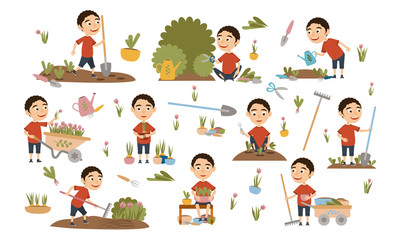 Curly boy gardening plants, weed beds, watering seedlings, pruning bushes and trees, working in the garden. People and garden tools. Vector illustration