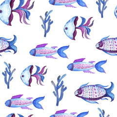 Naklejka premium Fish watercolor pattern