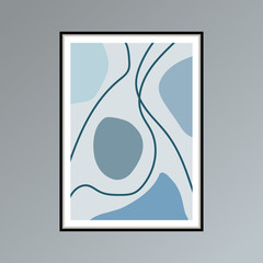 Abstract stains and lines poster in shades of blue for interior decor.
