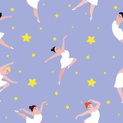 Obraz na płótnie Canvas Seamless pattern with dancing ballerinas on starry night background.