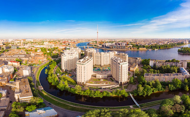 SAINT-PETERSBURG, RUSSIA - June 3, 2019: Beautiful aerial top view at new elite residential complex 