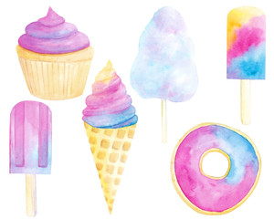 Watercolor hand drawn set with summer desserts isolated on white backgroud