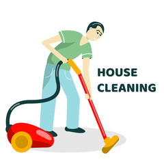 House cleaning. A man dad vacuums the floor. Vector flat illustration in cartoon style. Place for text