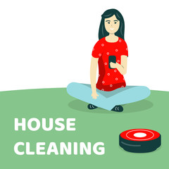 House cleaning. The girl is sitting on the floor and vacuuming with a robot vacuum cleaner. New technologies. Vector flat cartoon style illustration, place for text.