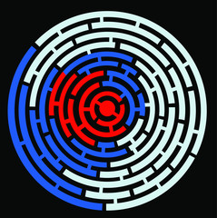 Geometric composition, the labyrinth of circles on a black background.