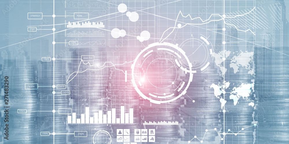 Poster display interface intelligence dashboard and charts. financial key performance indicators.