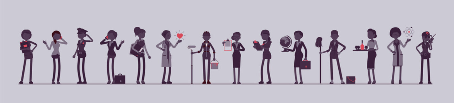 Different female professions and business. Working people, women in occupation standing together, employee union, career. Vector illustration with faceless characters, full length