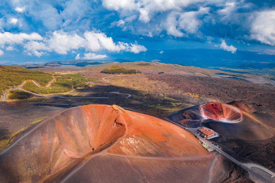 Extinct crater of volcano Etna Sicily, Italy. Aerial photo