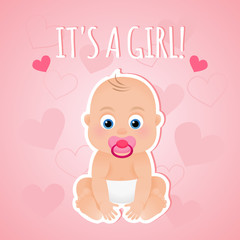 Greeting card it`s a girl with cute baby girl on a pink background, baby shower illustration