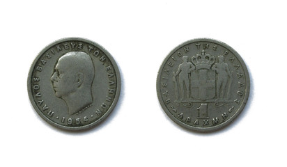 Greek 1 Drahmas copper-nickel coin 1954 year, Greece. The coin features a portrait of Greek king Paul, also known as Paul of Greece.
