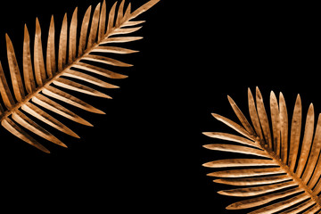 Collection of tropical leaves,foliage plant in gold color on black space background