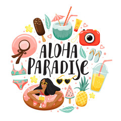 Set of cute summer elements and lettering. Ice cream, camera, woman with swim ring, flip flops, sunglasses, hat, swimsuit, sunscreen, tropical flower and leaves. Circle shape composition. Vector.